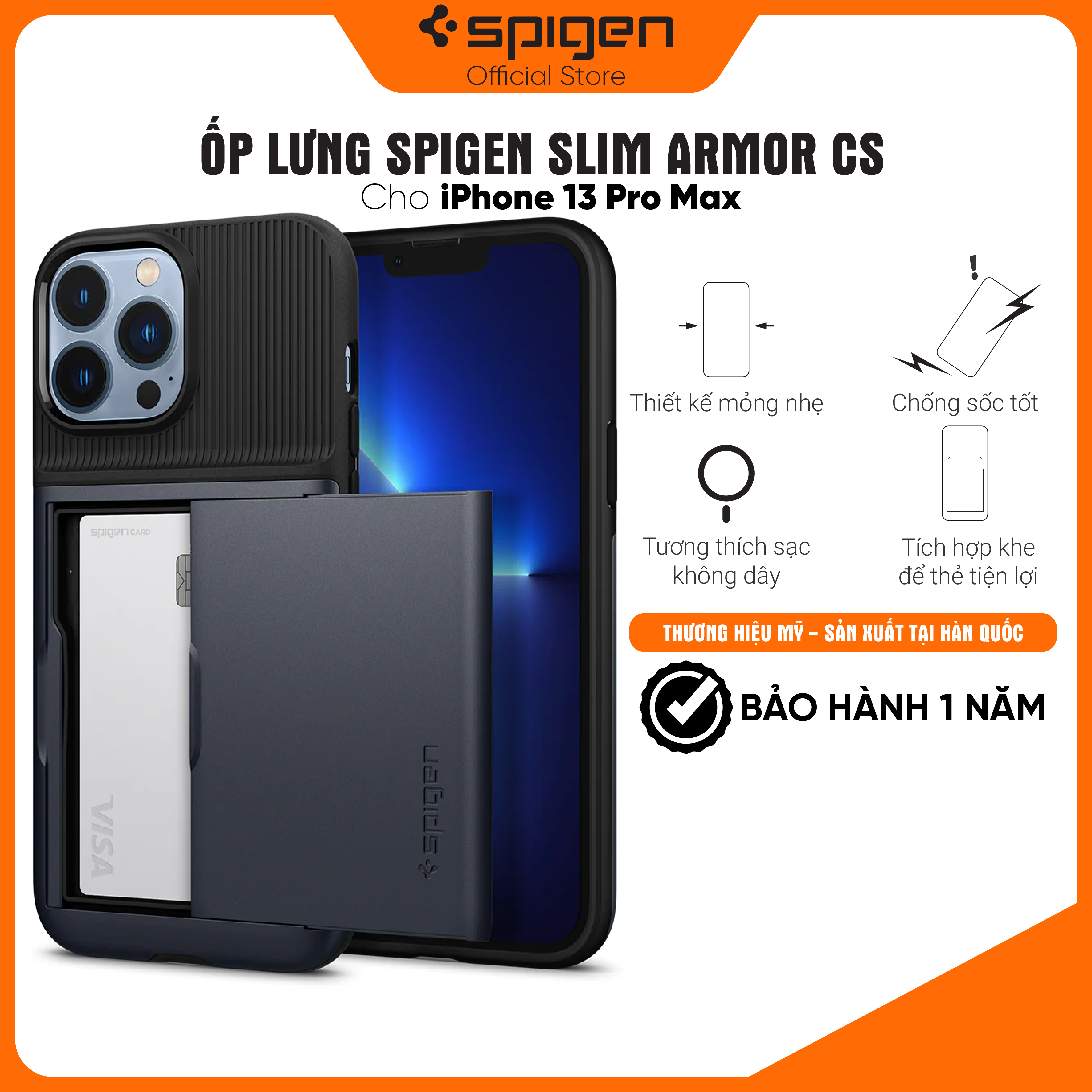 Ốp lưng Spigen Slim Armor CS Black cho iPhone 13 Pro Max - Thiết kế nhỏ nhẹ, tích hợp ví, chống sốc, chống bẩn, viền camera cao - Hàng chính hãng