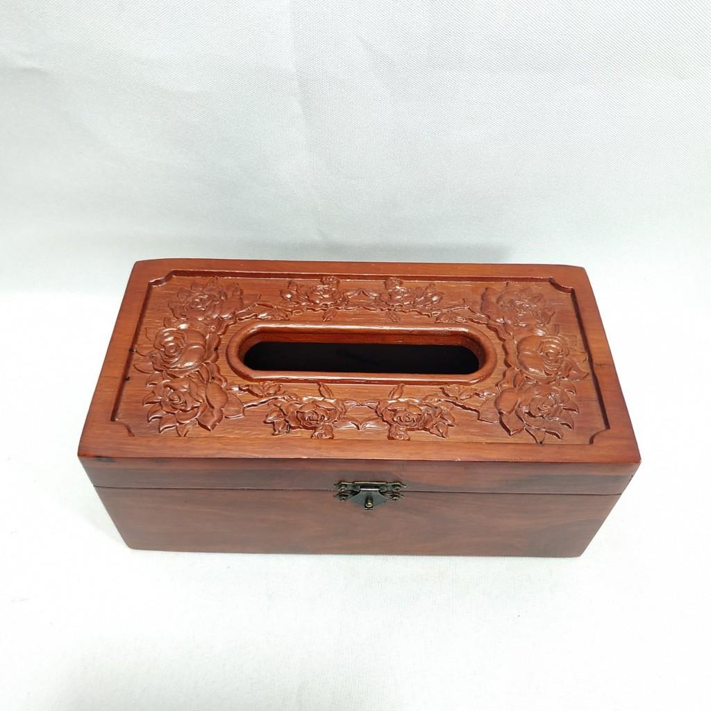 Hộp đựng giấy ăn GỖ HƯƠNG chạm khắc hoa hồng leo có viền