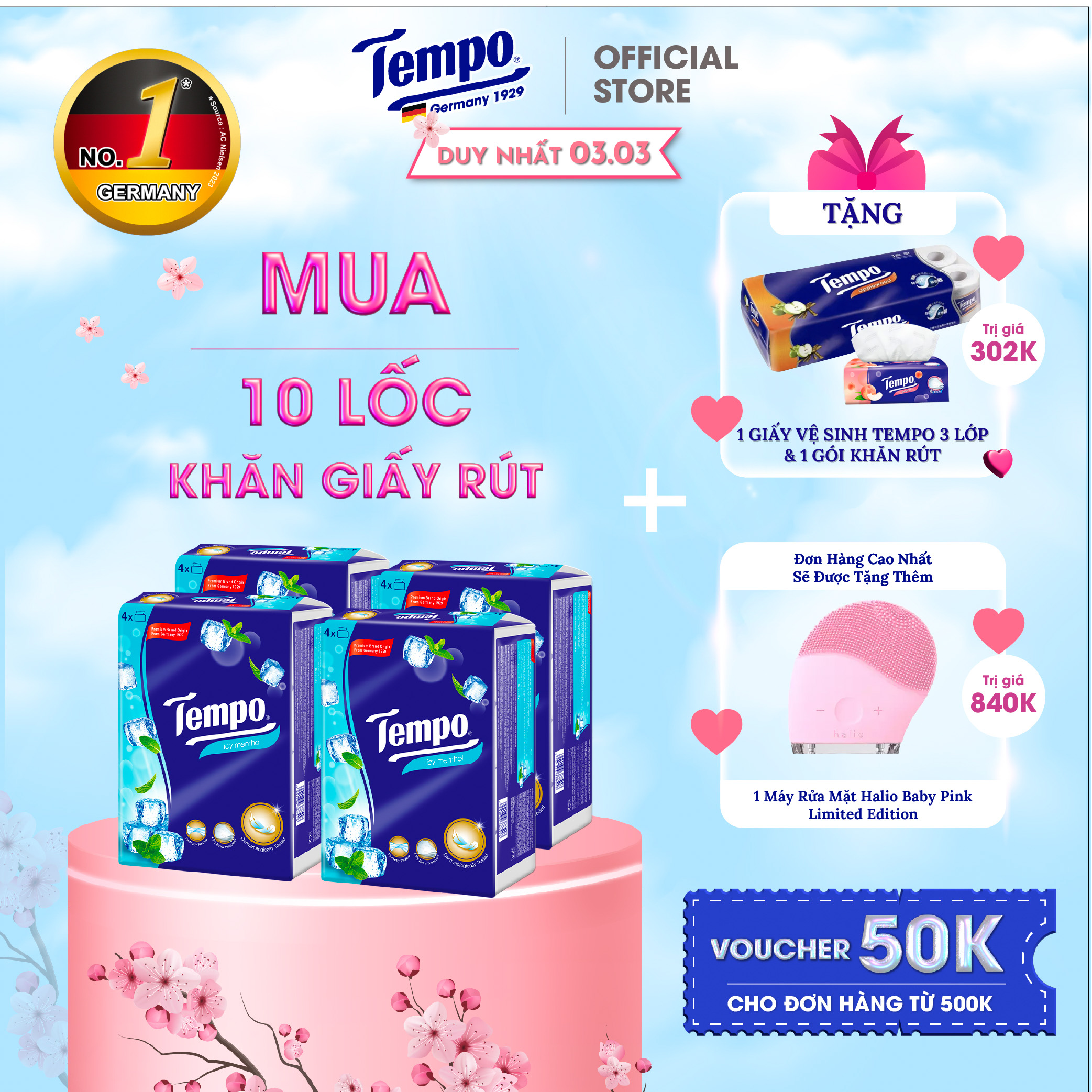 [MUA 10 LỐC TẶNG 1 LỐC GVS 3 LỚP + 1 BĂNG ĐÔ THỎ] Khăn Giấy Rút Cao cấp Tempo  - 4 Lớp Bền Dai, An Toàn Cho Da - Thương Hiệu Đức