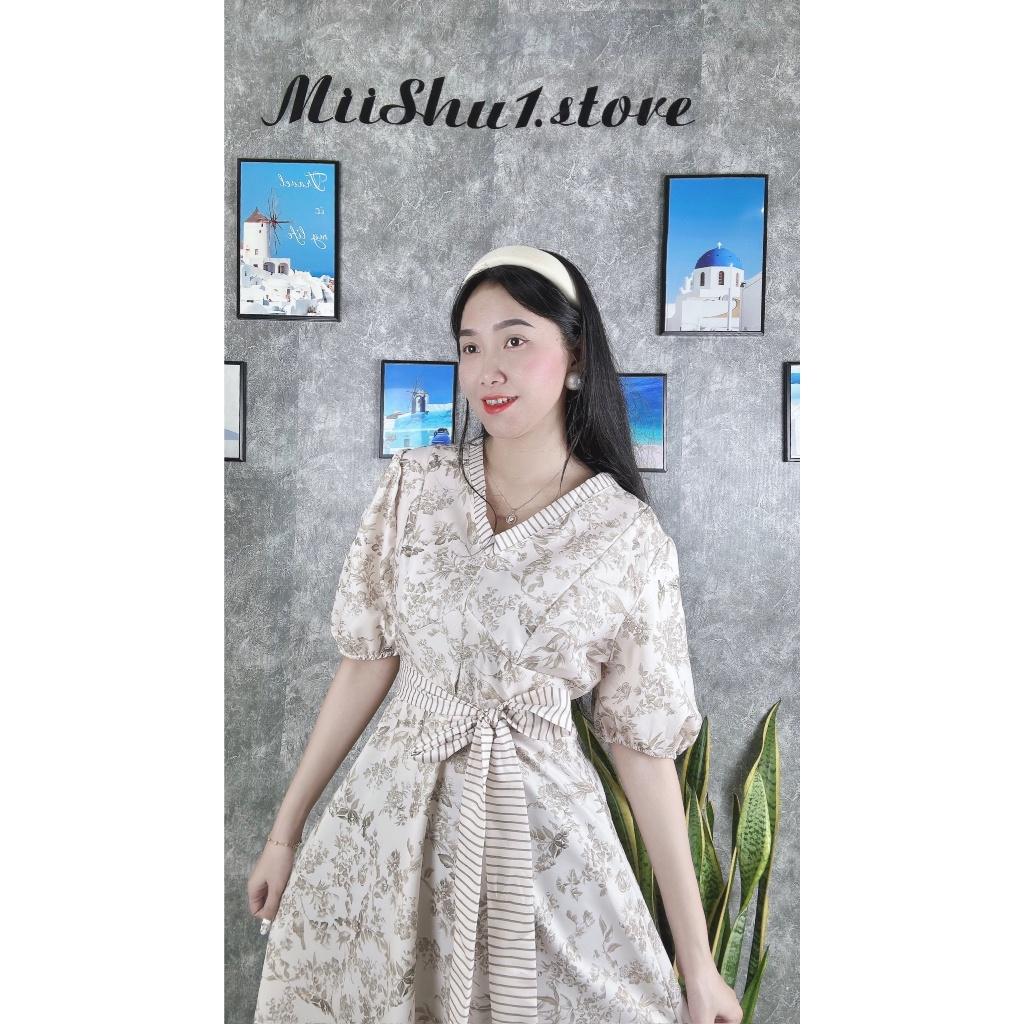 ĐẦM MAXXI TAY PHỒNG CỘT NƠ CỔ CHỮ V EO HỌA TIẾT SANG TRỌNG THANH LỊCH