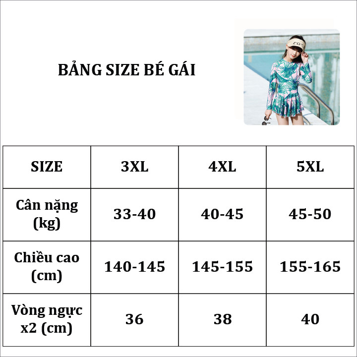 Đồ bơi cho bé gái liền thân dài tay size từ 30kg đến 50kg