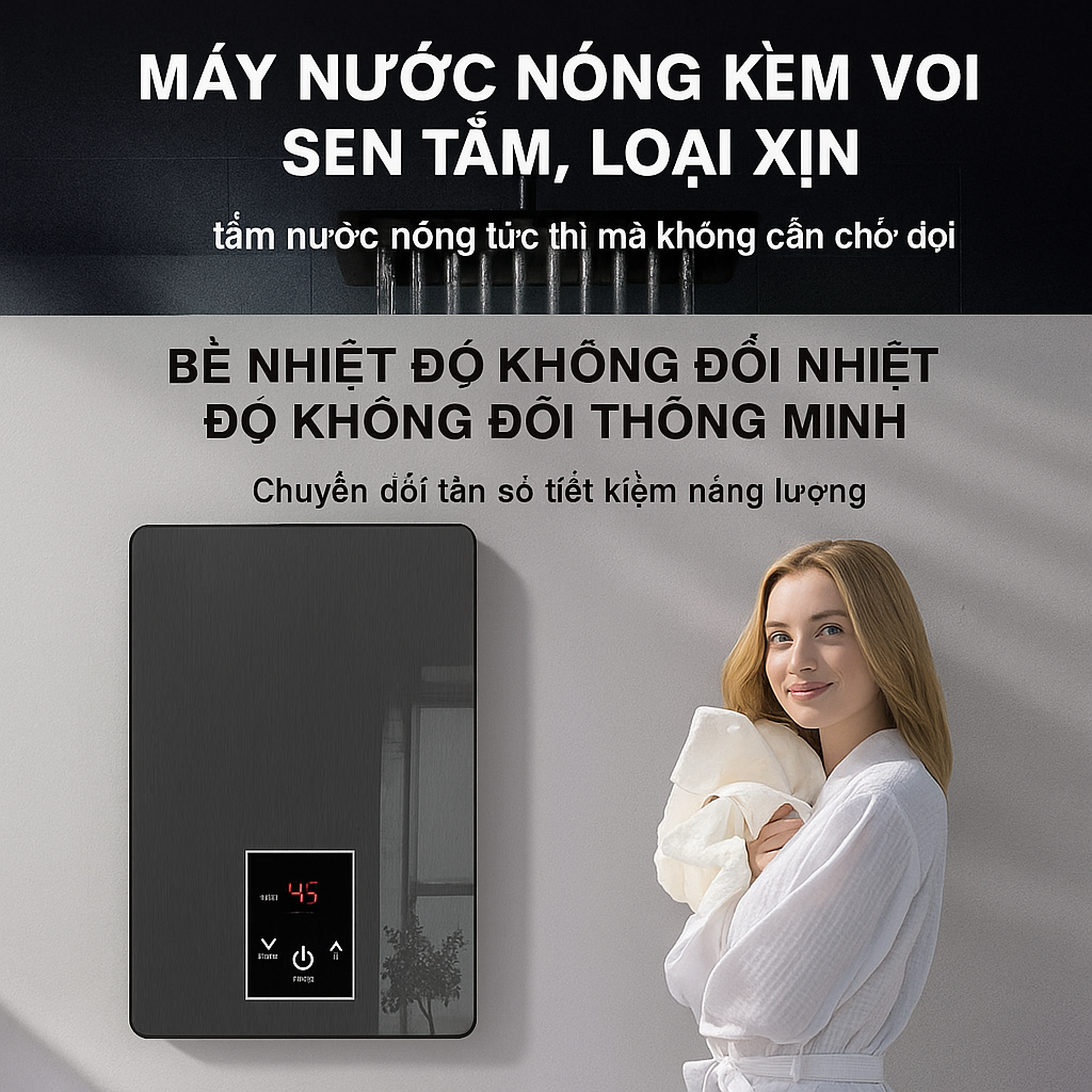 Máy Nước Nóng Trực Tiếp LCD Thông Minh – Cảm Ứng Hiện Đại, Chống Giật Tuyệt Đối, Kèm Vòi Sen Tiện Lợi