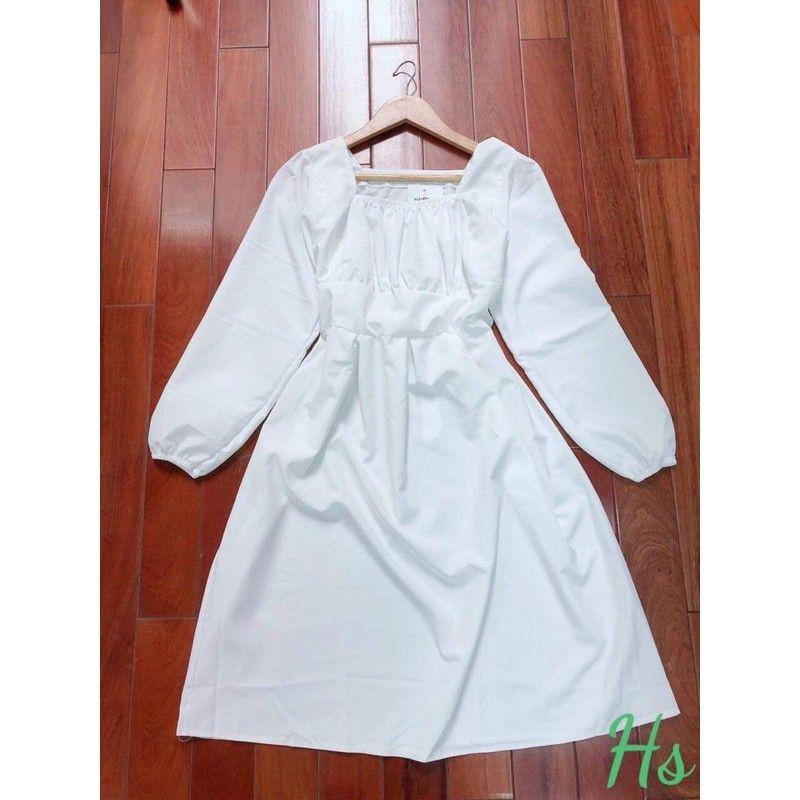 Đầm Nữ Cổ Vuông Nơ Lưng Váy Trắng Dài Tay Q057