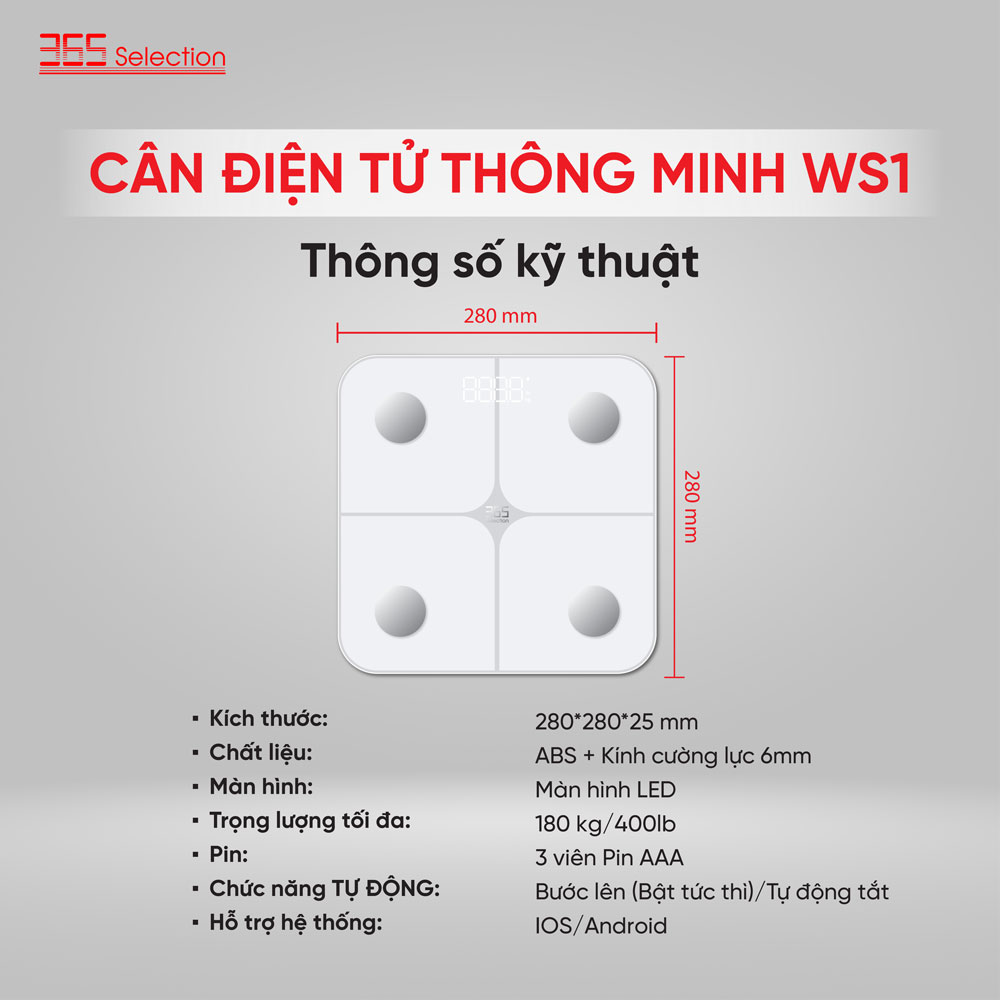 Cân điện tử thông minh 365 Selection WS1 / WS2 - Đo 18 chỉ số cơ thể, Màn hình led hiển thị - HÀNG CHÍNH HÃNG