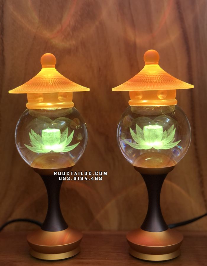 Đèn thờ cúng pha lê nắp lưu ly đổi màu 7 chế độ cao 22-24cm