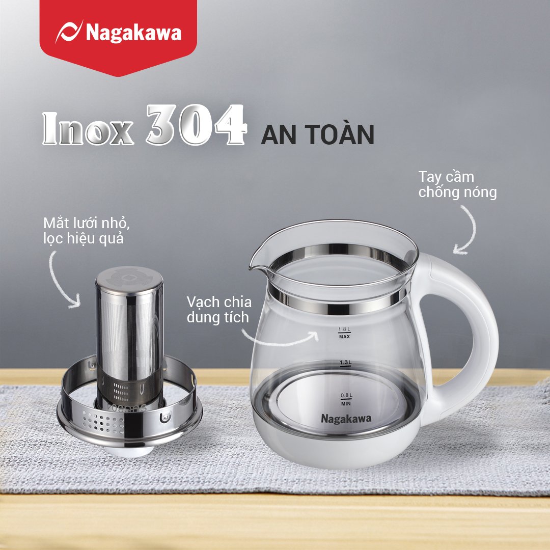 Ấm siêu tốc thủy tinh đa năng Nagakawa NAG0316 (1.8 Lít) - Hàng chính hãng