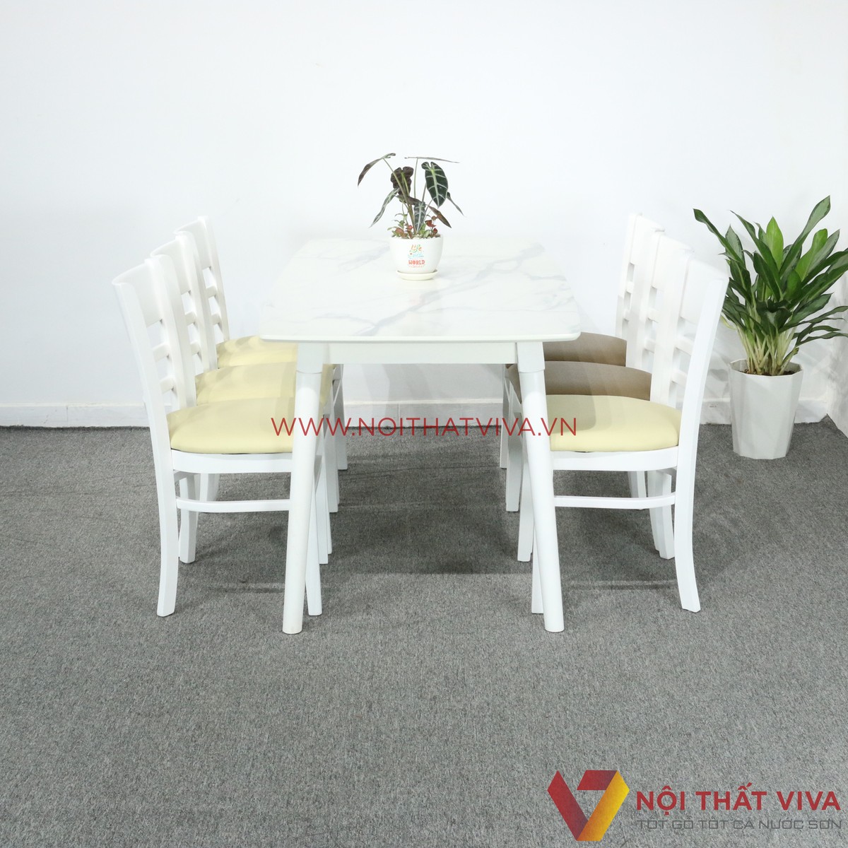Bộ Bàn Ăn 6 Ghế Vân Đá Trắng Hiện Đại