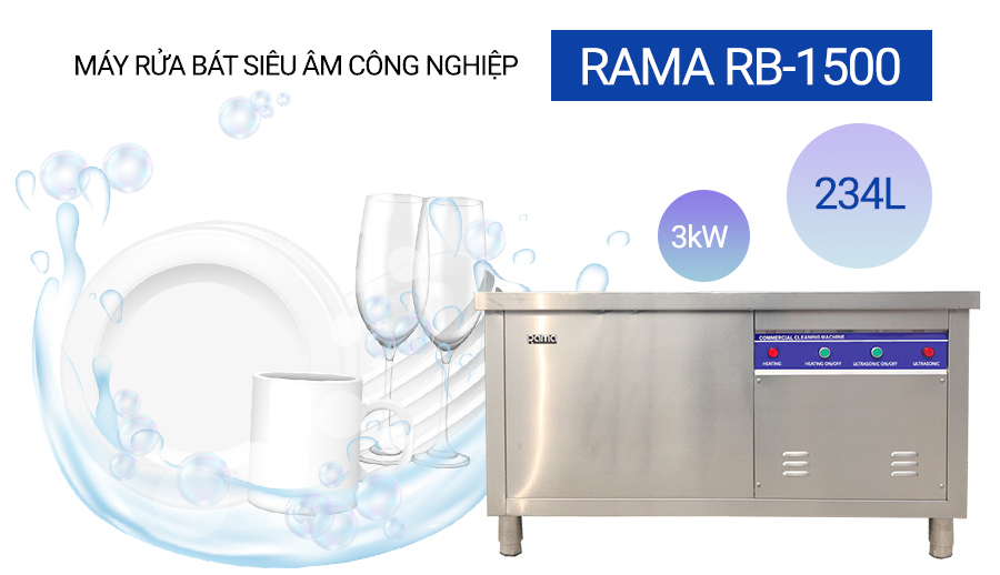 Máy rửa chén siêu âm công nghiệp nhà xưởng căng tin trường học Rama RB1500 dung tích 234L - Hàng chính hãng