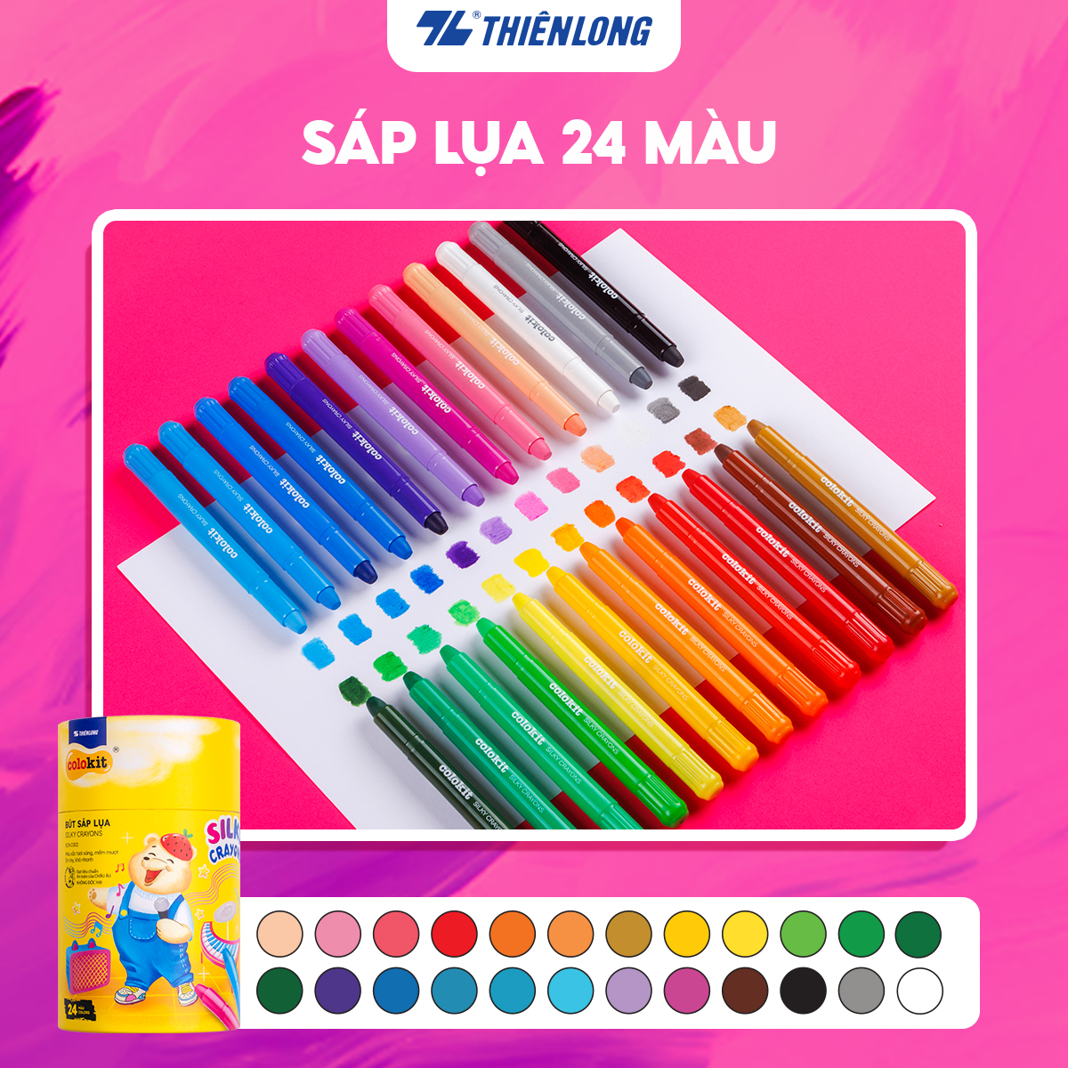 Bút sáp lụa vặn - Silky Crayons Thiên Long Colokit - Mềm khô nhanh không lem