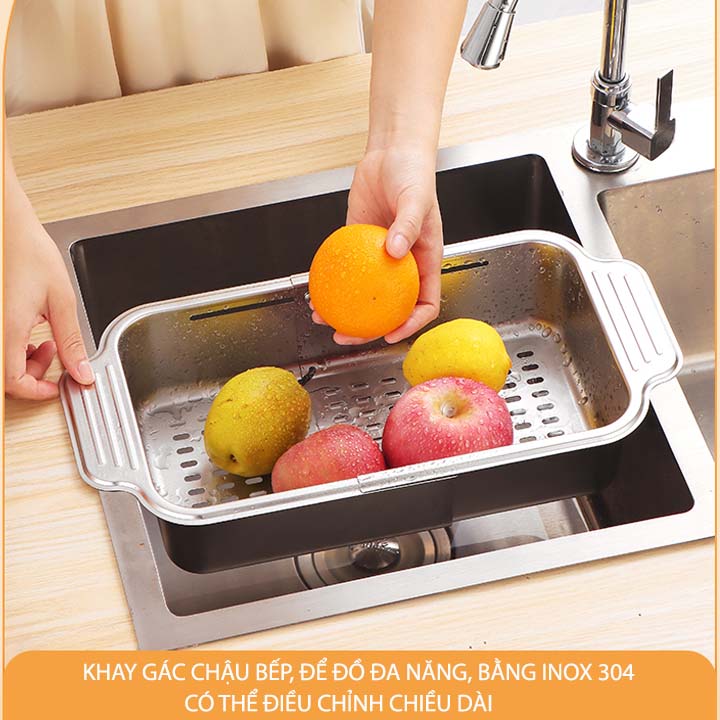 Khay rổ inox 304 gác chậu bếp thông minh xếp gọn, để đồ đa năng