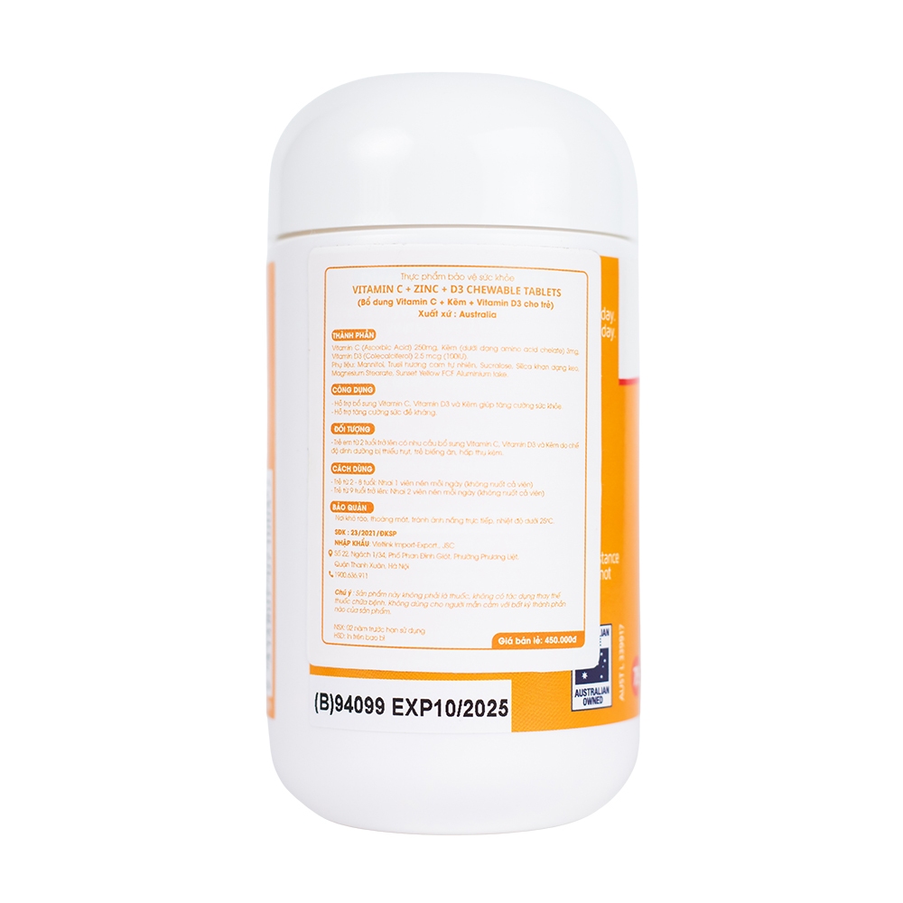Viên Nhai Kids Smart Vitamin C + Zinc + D3 Nature's Way Giúp Bổ Sung Vitamin C, ZinC &amp; D3 Cho Bé (Chai 75 Viên)