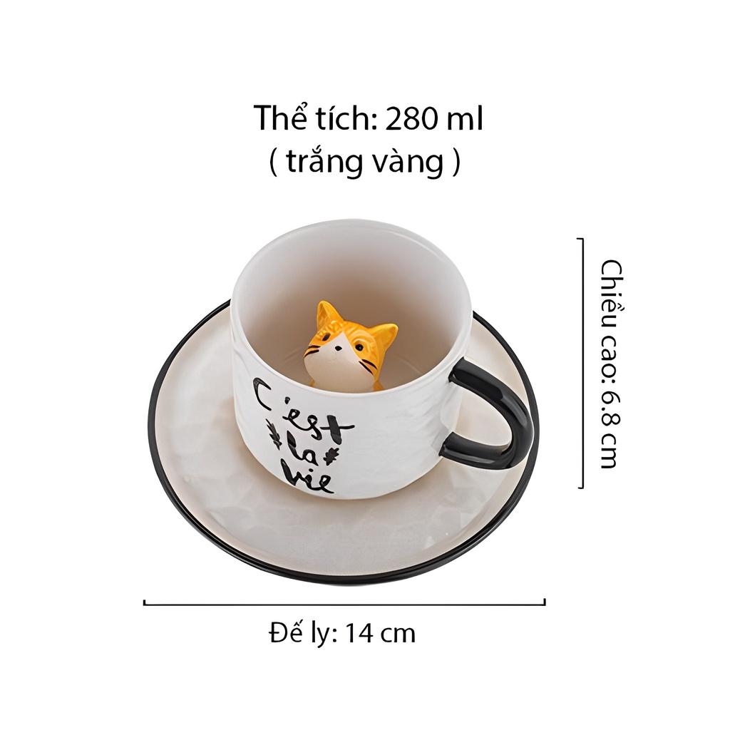 Ly sứ có tượng mèo bên trong cute, Ly sứ hinh mèo uống nước, Quà lưu niệm