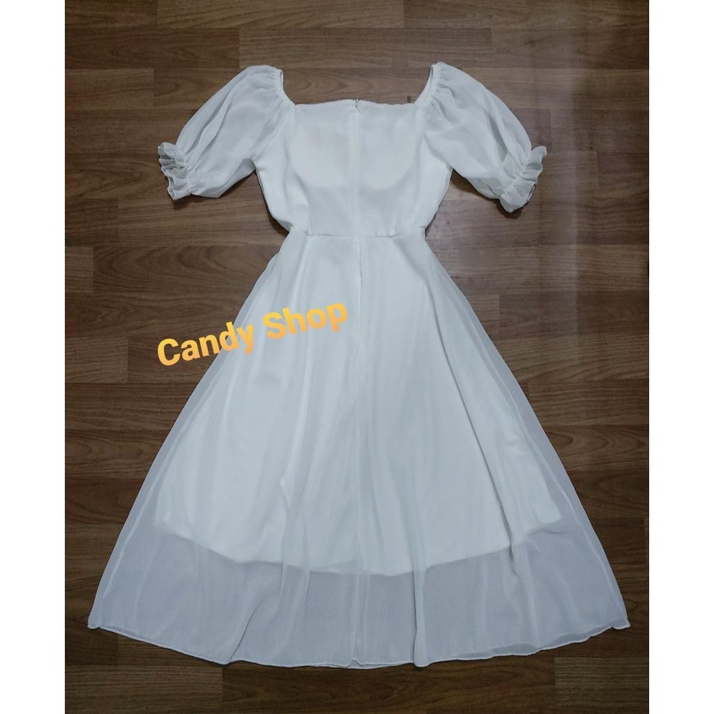 Đầm trắng xoè tiểu thư cổ vuông tay phồng xếp ly ngực ( kèm mút )