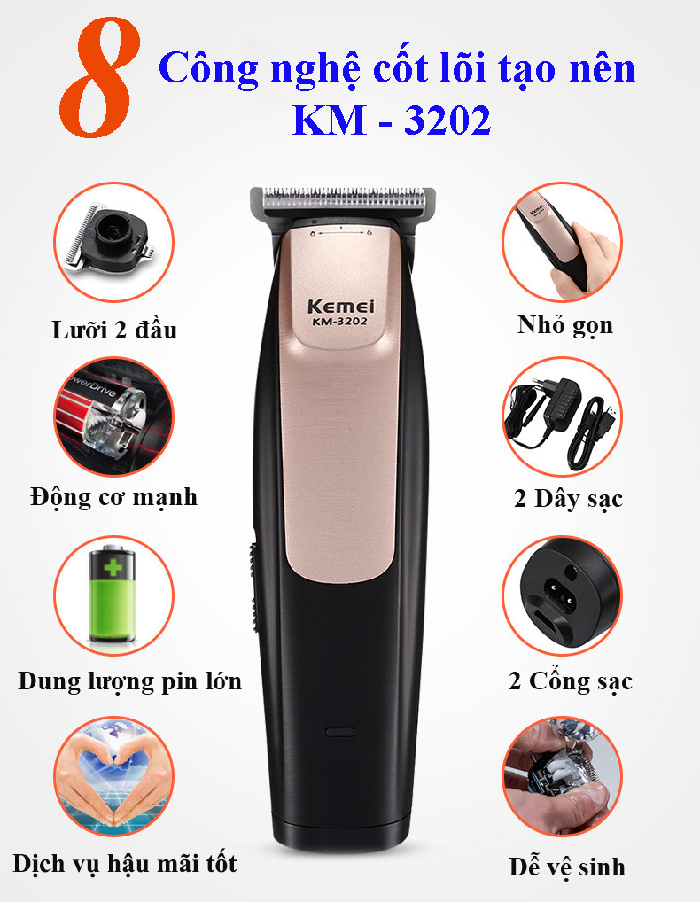 Tông đơ chấn viền Kemei KM-3202 chuyên nghiệp 2in1 thiết kế 2 đầu thay thế tiện lợi có thể dùng khắc tóc, tattoo tóc, tạo nét, fade tóc, sử dụng 2 đầu sạc tiện lợi Tặng kèm 2 kẹp cá sấu chia tóc màu ngẫu nhiên