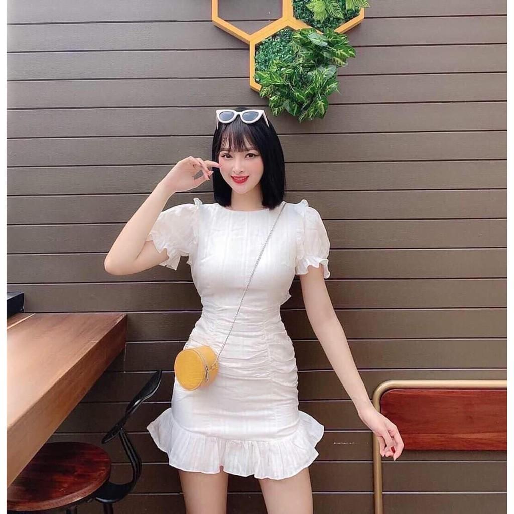Đầm Body Nhún Eo Tay Phồng Chân Váy Bèo