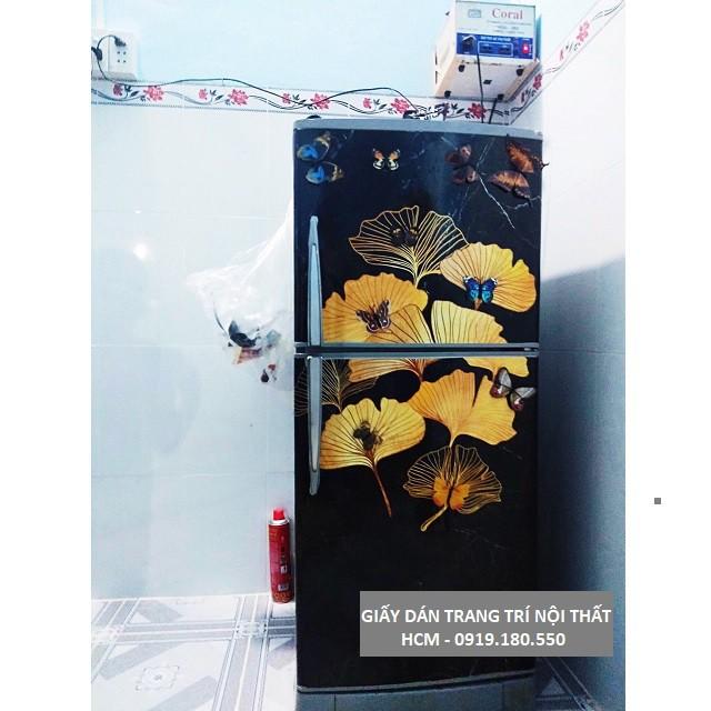 Decal dán tủ lạnh vân đá khảm hoa vàng sang trọng chất liệu cao cấp dễ lau chùi, không bong tróc