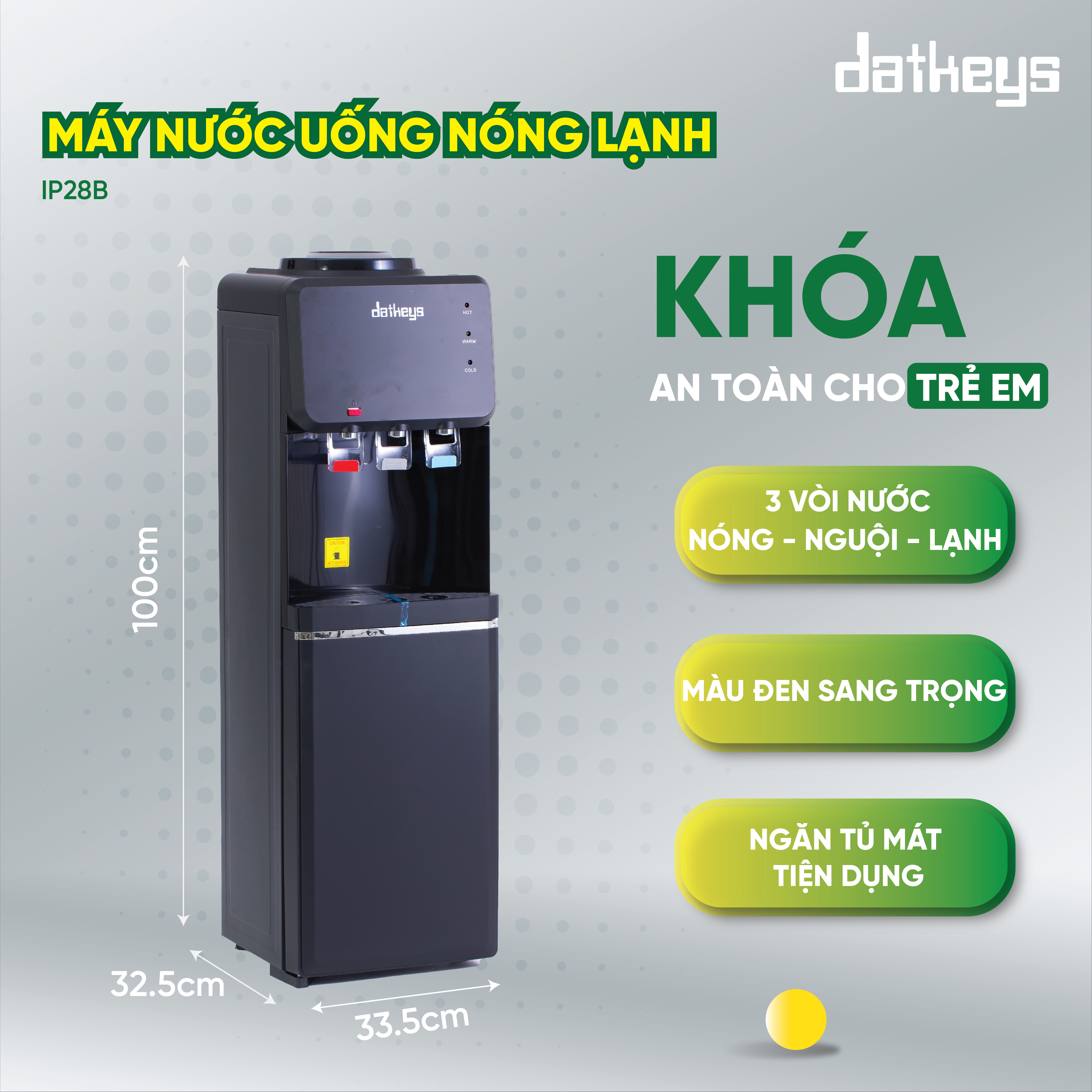 Máy Nước Nóng Lạnh 3 vòi Datkeys IP28B | màu đen, có tủ lạnh mimi | Hàng chính hãng