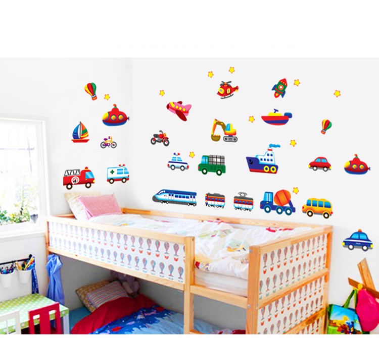 Decal trang trí phòng bé trai các loại xe, tàu, thuyền, khinh khí cầu
