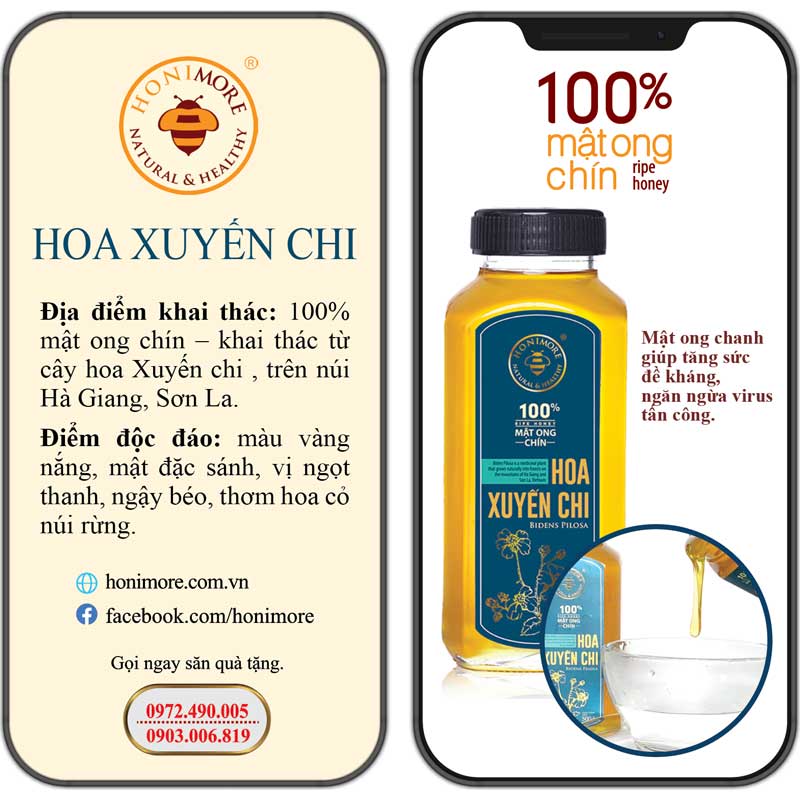 Combo Mật ong rừng nguyên chất Hoa Xuyến Chi Honimore 1kg - giúp tăng cường đề kháng