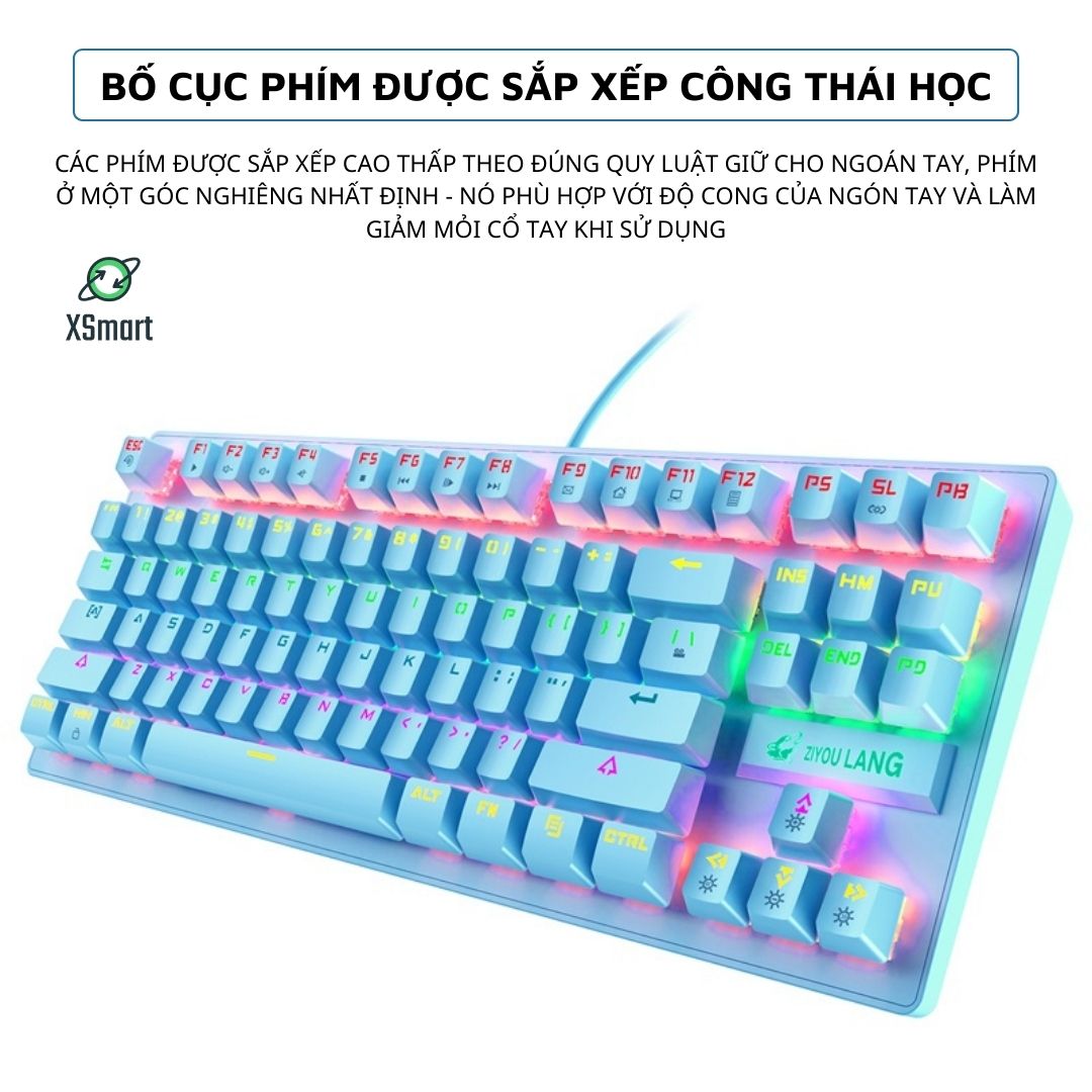 Bàn Phím Cơ Máy Tính XSmart K2 Pro Màu Xanh Led RGB, Chuyên Game Blue Switch Có 10 Chế Độ Màu Siêu Đẹp - Hàng Chính Hãng