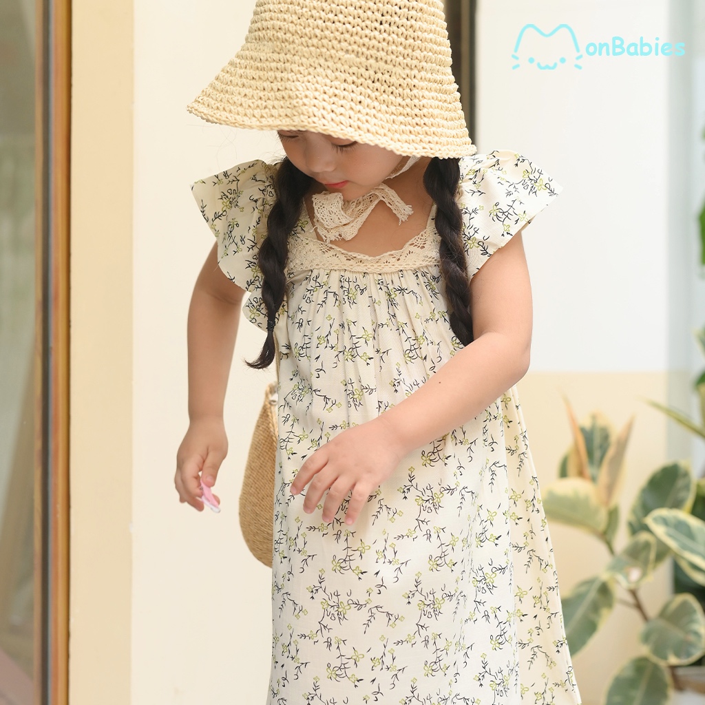Váy bé gái cánh tiên phối ren chất đũi tằm họa tiết hoa nhí mặc nhà hoặc đi học đi chơi, cho bé từ 2-6t MonBabies VL77