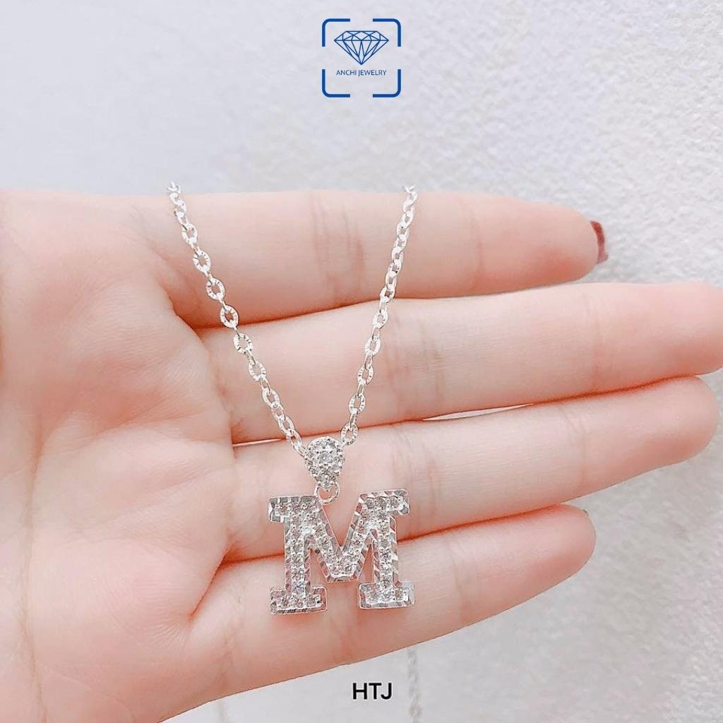 Mặt dây chuyền chữ cái bản to bạc đính đá, dây chuyền chữ,Anchi jewelry