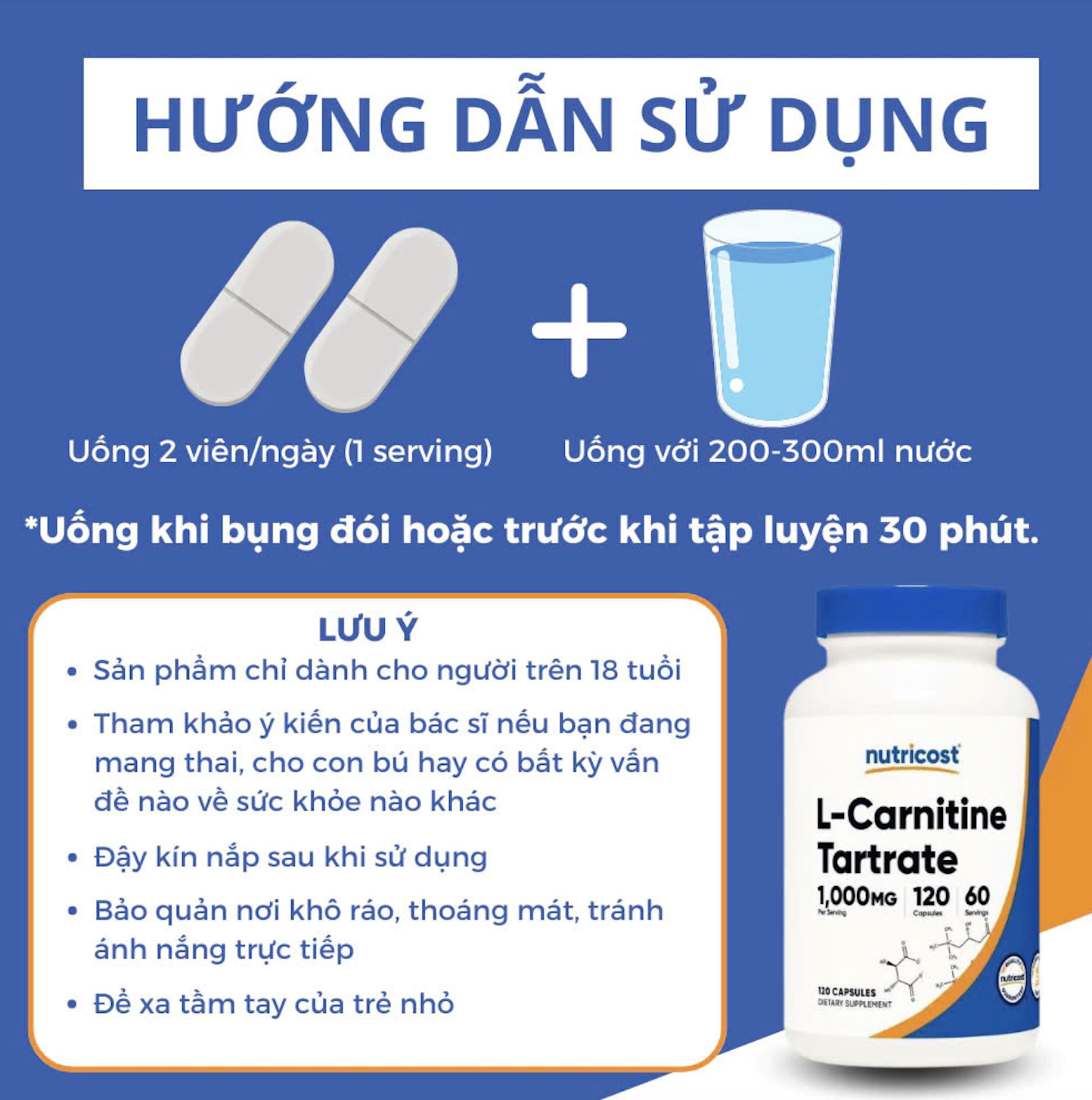 Viên Uống Giảm Mỡ Nutricost L-Carnitine Tartrate (1000mg), Hỗ Trợ Đốt Mỡ, Bổ Sung Năng Lượng