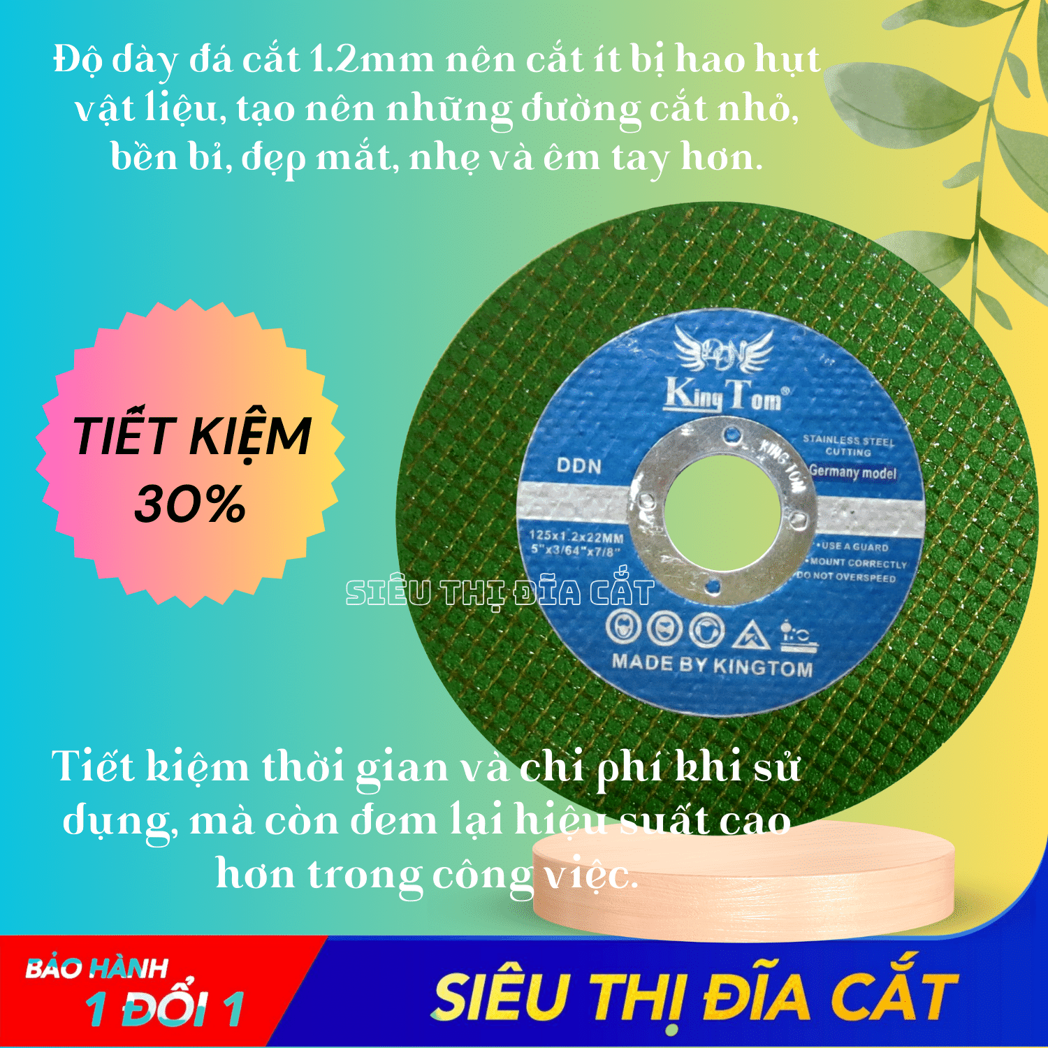 Đá Cắt KingTom Xanh 125x1.2x22mm - Hộp 50 Viên, Cắt Sắc Bén Và Hạn Chế Bụi