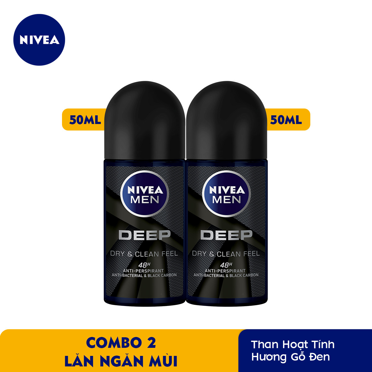 Combo 2 Lăn Ngăn Mùi NIVEA MEN DEEP Than Đen Hoạt Tính 50ml - 80031