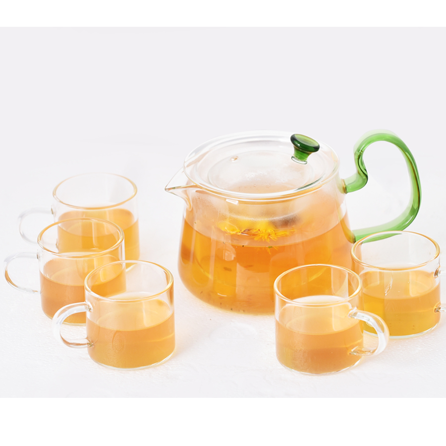 Bộ Ấm Thủy Tinh Chịu Nhiệt Quai Xanh Cao Cấp Kèm 6 Chén Và Khay Gỗ Sang Trọng