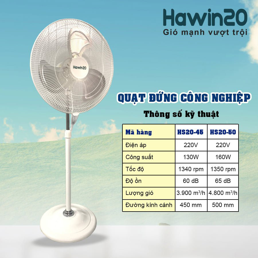 Quạt đứng công nghiệp chính hãng Hawin HS20-45T màu trắng