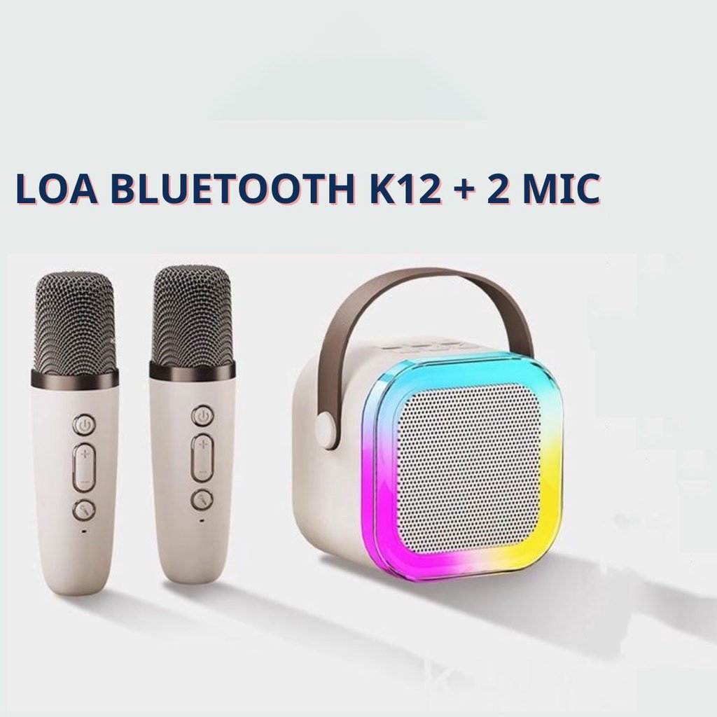 Loa Karaoke Bluetooth Mini K12 Có Đèn Led Kèm 2 Mic Không Dây Hát Hay