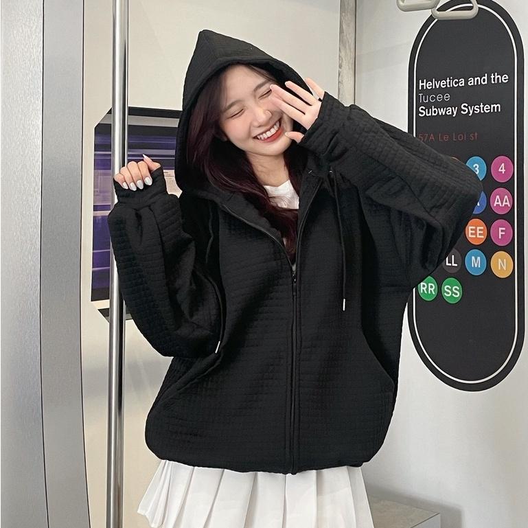 Áo khoác hoodie zip nỉ FM Style form rộng tay bồng basic khoá kéo phối 2 túi có mũ lớn thời trang ulzzang 23030456