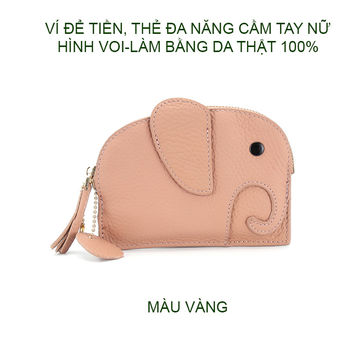 Ví nữ bằng da thật 100% cầm tay, hình voi, để tiền, thẻ và đồ cá nhân đa năng