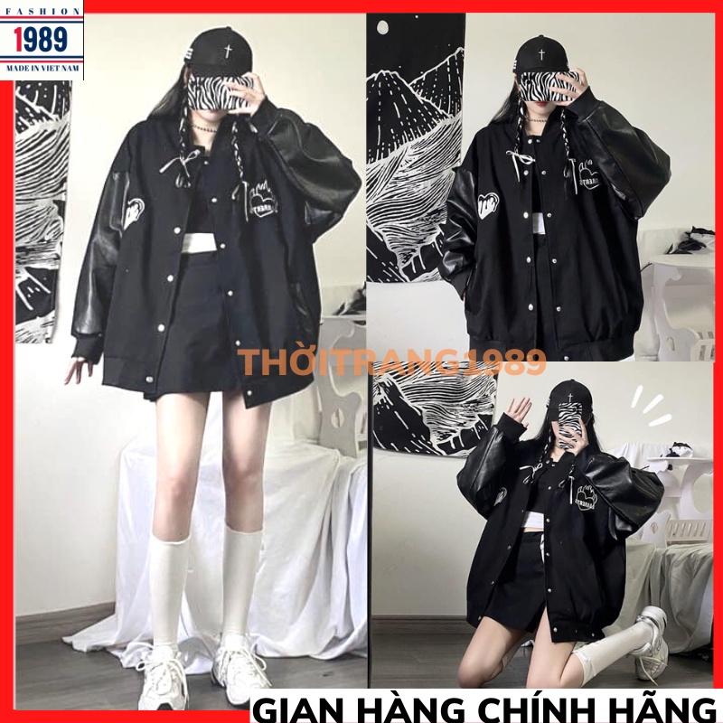 Áo Khoác Bomber Áo Bóng Chày Họa Tiết Trái Tim Lar Phối Tay Da Phong Cách Unisex THỜITRANG1989