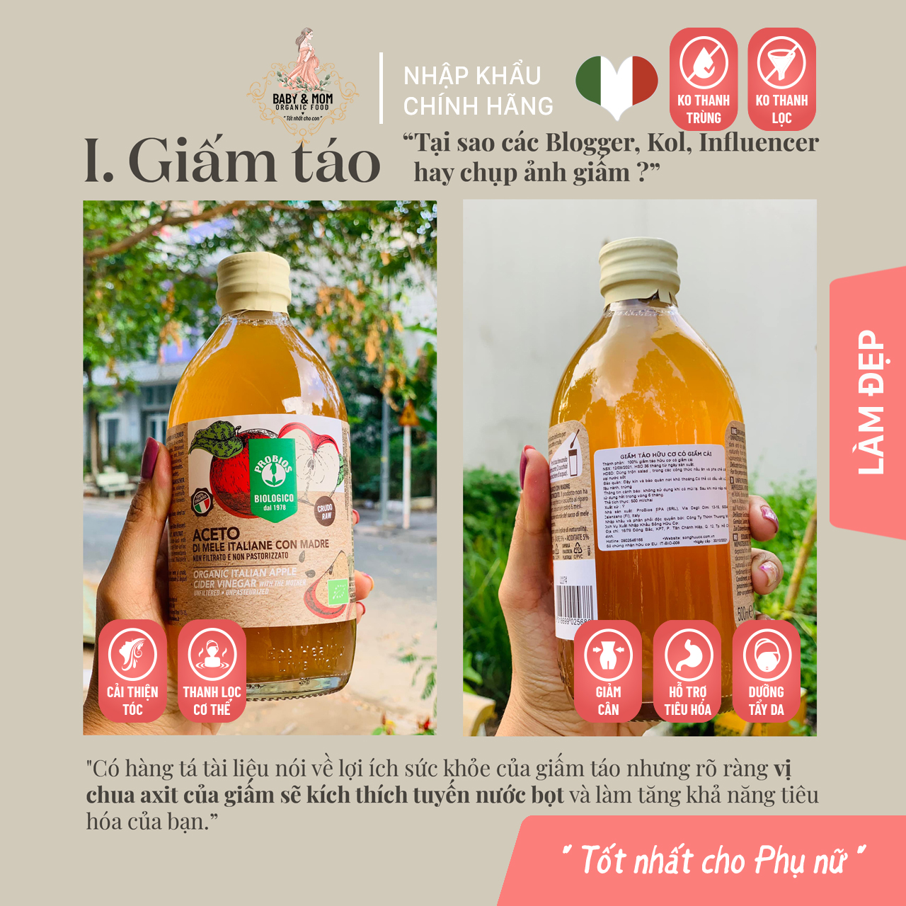 Giấm Táo Hữu Cơ Có Giấm Cái 500ml ProBios