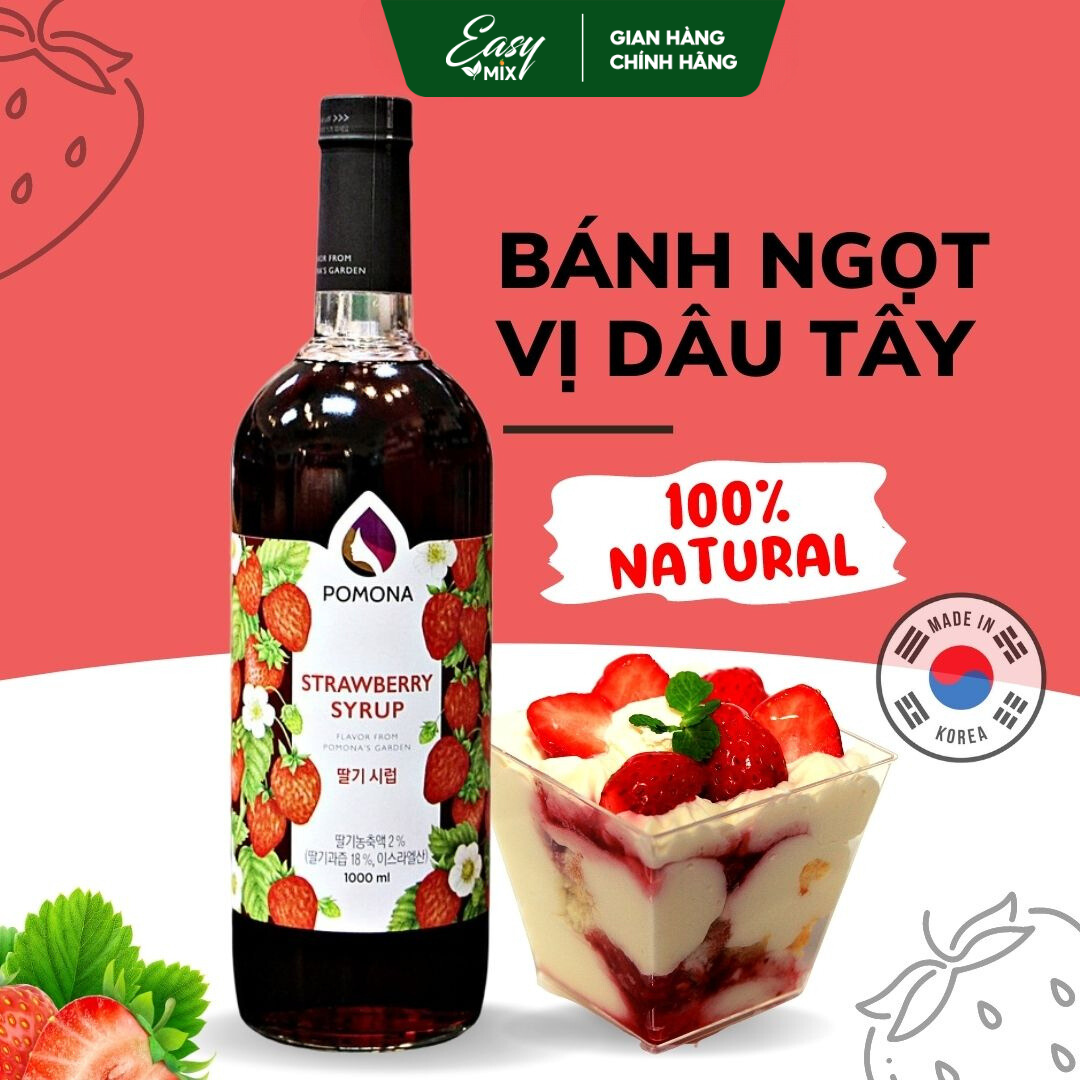 Siro Dâu Tây POMONA Strawberry Syrup Nguyên Liệu Pha Chế Hàn Quốc Chai Thủy Tinh 1 lít