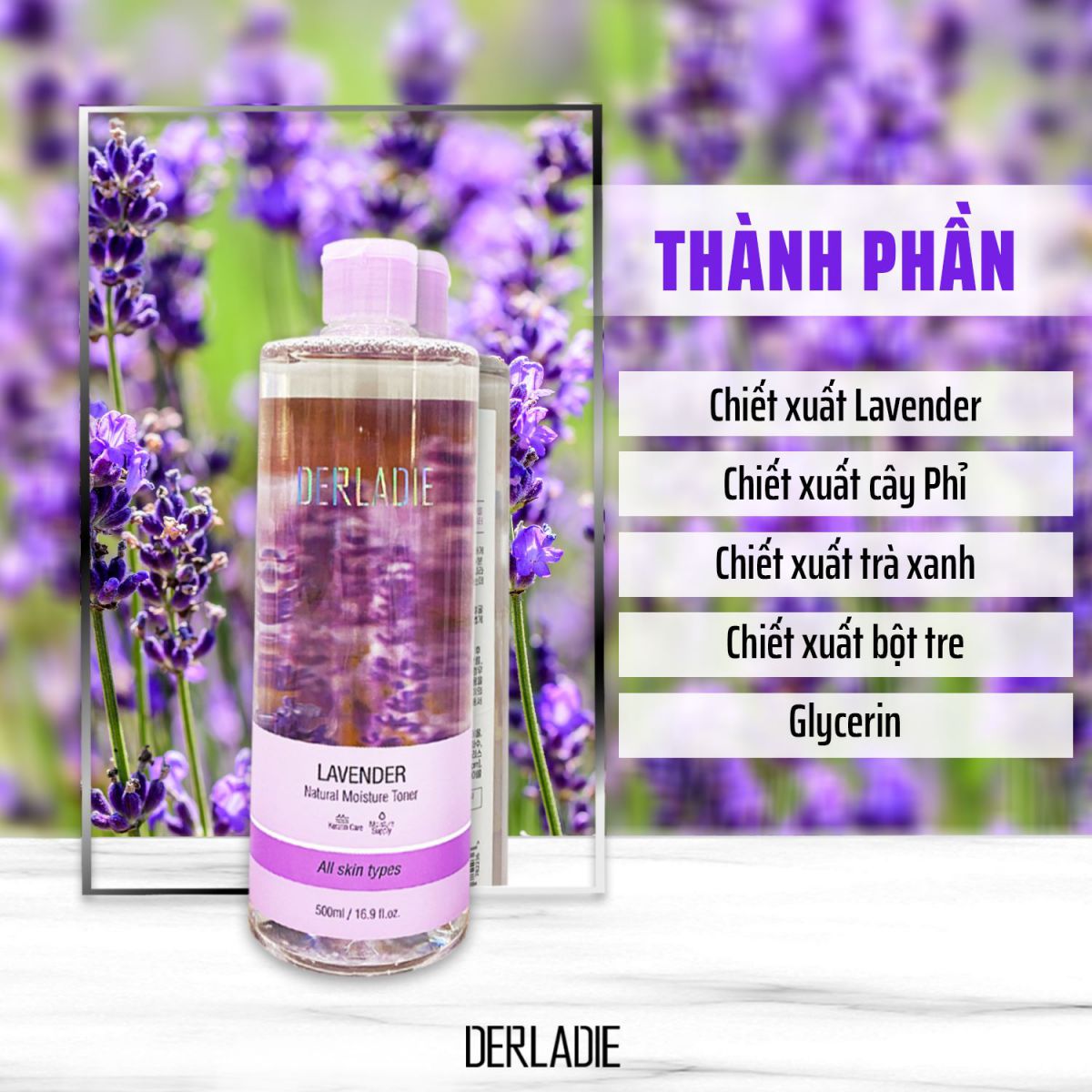 Combo Nước Tẩy Trang và Nước Hoa Hồng Cho Da Dầu Mụn Derladie (Cleansing Water Witch Hazel 500ml + Lavender Toner 500ml)