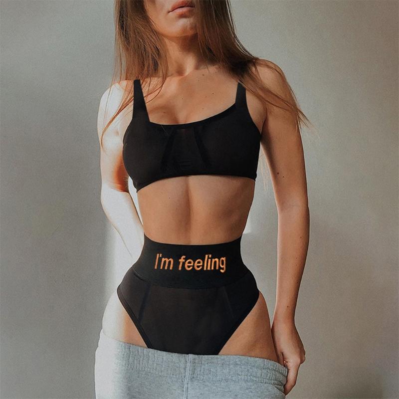 Phụ Nữ Gợi Cảm Thấy-Thông Qua Lưới Áo Ngực Và Quần Bộ Muỗng Cổ Crop Top Áo Bralette Chữ Thêu Cao Cấp Thông quần Lót