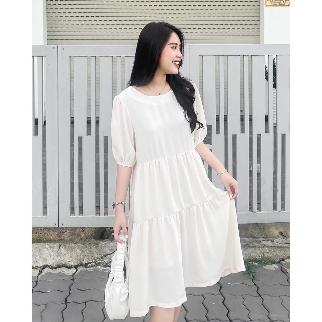 ĐẦM COTTON TRẮNG ĐEN BABYDOLL TAY LỠ DÁNG XÒE CÓ DÂY CỘT PHÍA SAU-hình thật shop chụp