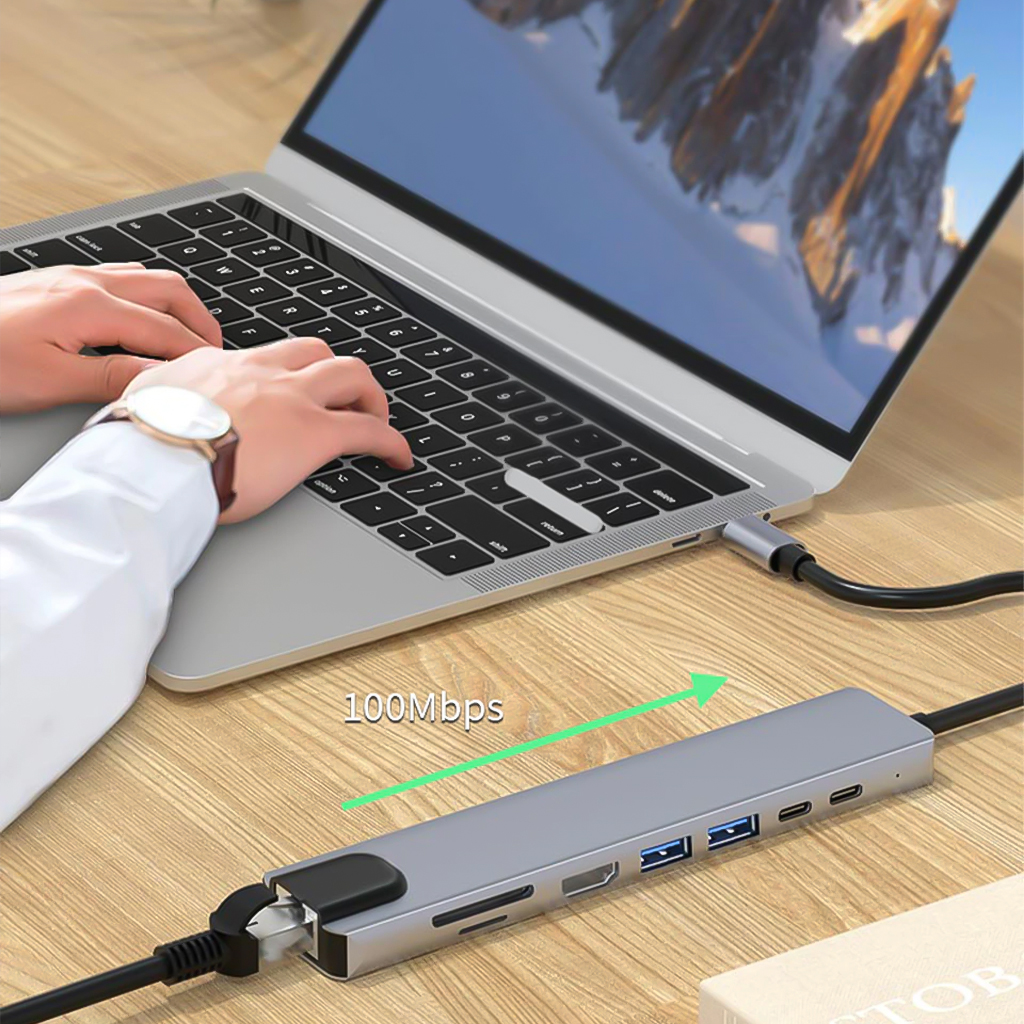 Vinetteam Hub USB TYPE-C 8 Cổng HDMI 4K 60Hz/ USB 3.0/ TF/ SD/ RJ45 100Mbps Dành Cho Macbook, PC Và Devices - Hàng Chính Hãng