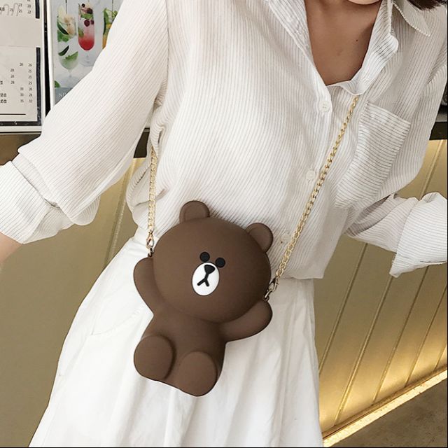 Túi đeo chéo thời trang nữ, túi hình gấu Brown silicon 2 dây siêu dễ thương