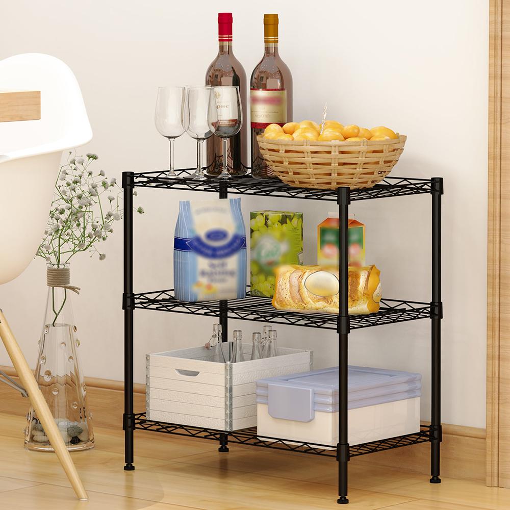 Kệ kim loại 3 tầng chất liệu thép carbon + sơn rắn nhiệt độ cao màu đen, bền và chống gỉ