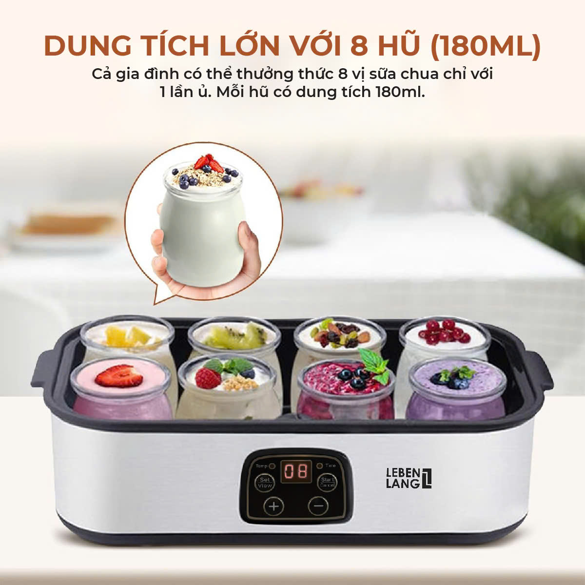 Máy Làm Sữa Chua Lebenlang LBL9140, 8 Hũ Thủy Tinh 180ml, Điều Chỉnh Nhiệt Độ & Thời Gian, 20W, Tự Ngắt, bảo hành 2 năm - hàng chính hãng