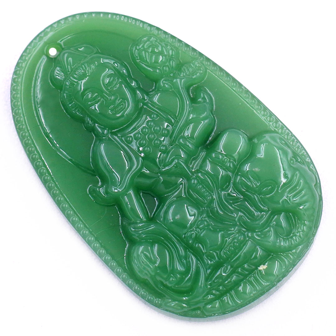 Mặt Phật Phổ hiền thạch anh xanh lá 5 cm kèm móc và vòng cổ dây cao su, Mặt Phật bản mệnh size L, mặt dây chuyền Phật