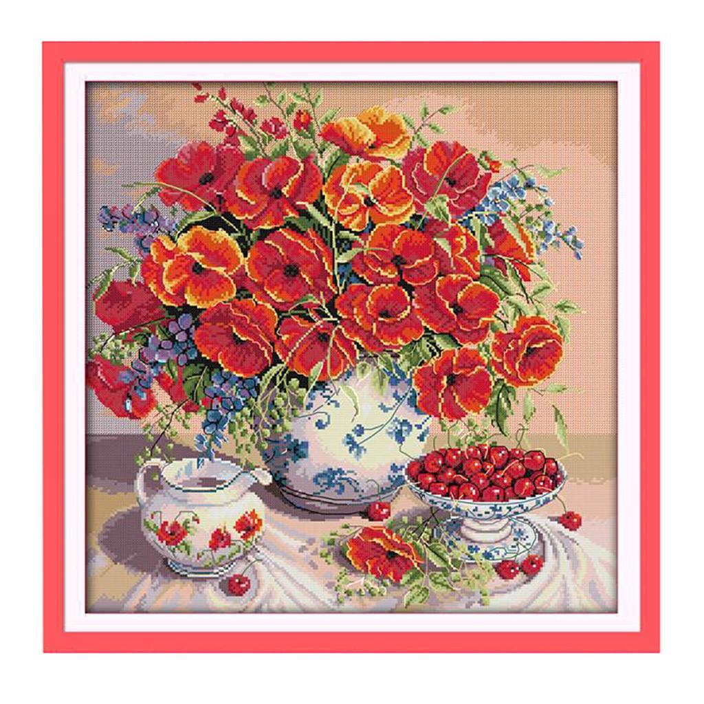 Flowers Cherry Stamped Cross Stitch Embroidery Kit 14CT Counted Dimensions