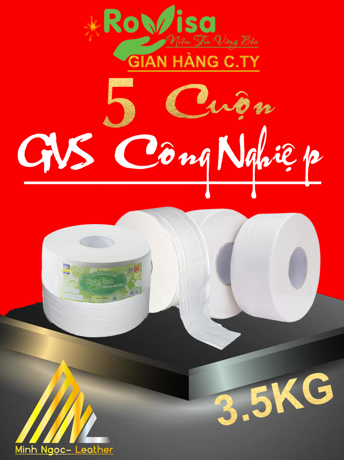 5 Cuộn 3,5kg Giấy vệ sinh cuộn to, giấy công nghiệp 2 lớp ROVISA siêu mịn, siêu dai không làm tắc bồn cầu