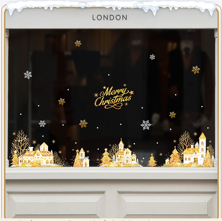 Decal trang trí noel thành phố tuyết trắng ánh vàng