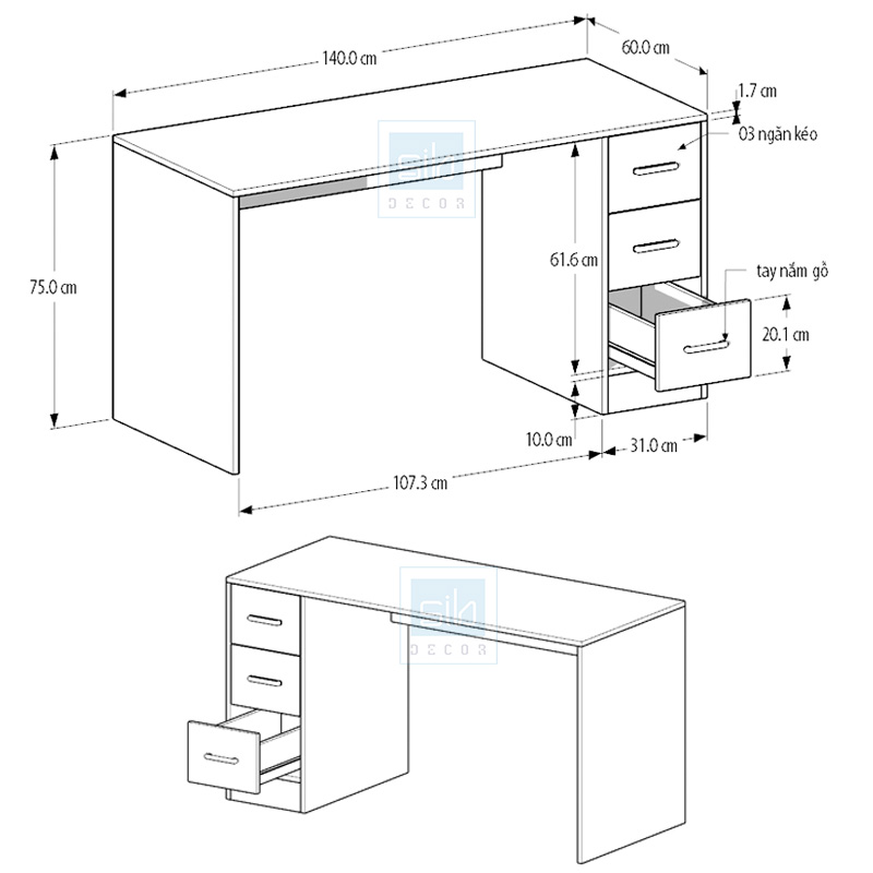 Bàn Học Tập, Làm Việc Đơn Giản Nhiều Tủ Ngăn Kéo, Chân Bàn Kết Hợp Kệ Sách SIB Decor BLV66