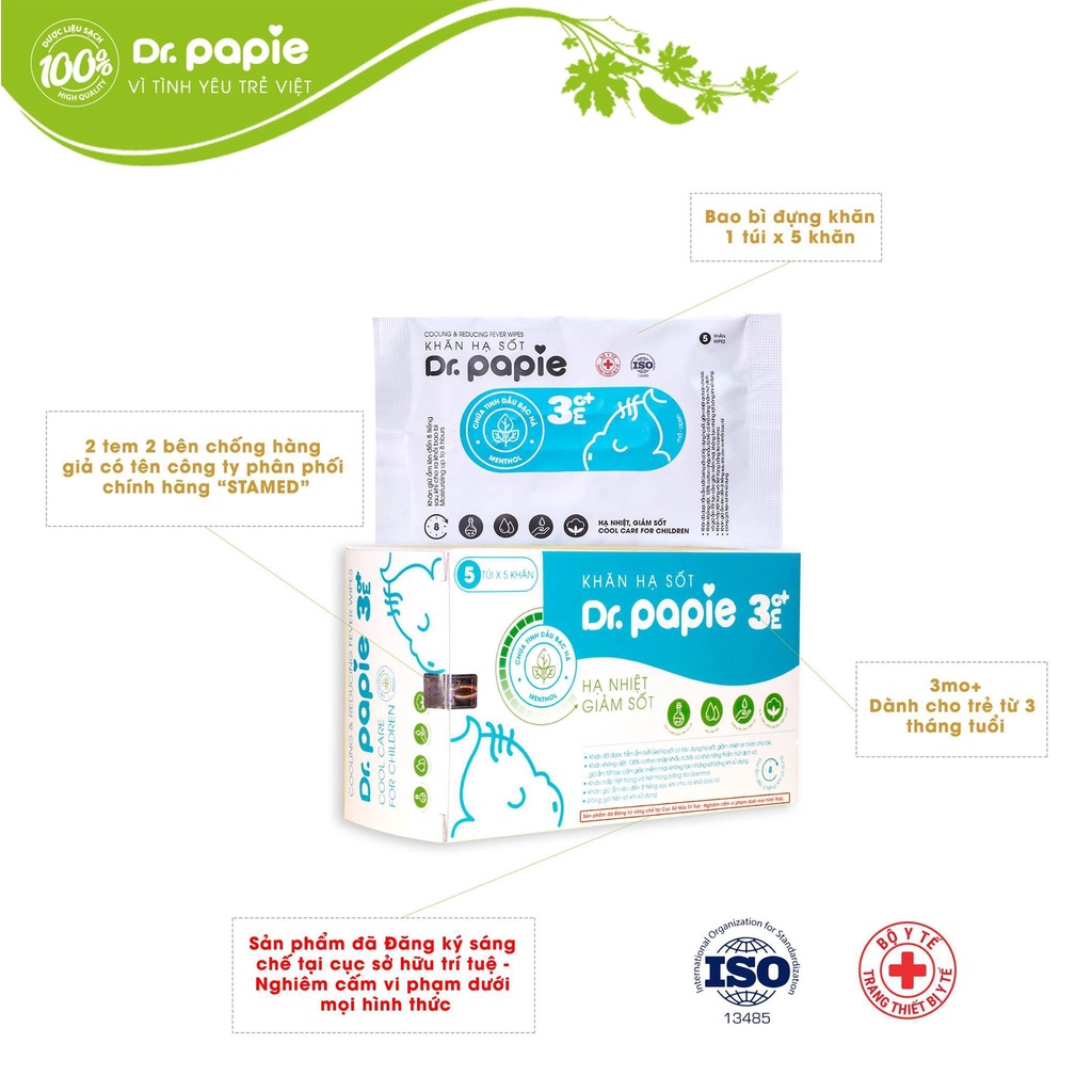 Khăn Lau Hạ Sốt Dr.Papie 3+ Cho Bé Hạ Nhiệt Giảm Sốt Ngăn Ngừa Co Giật